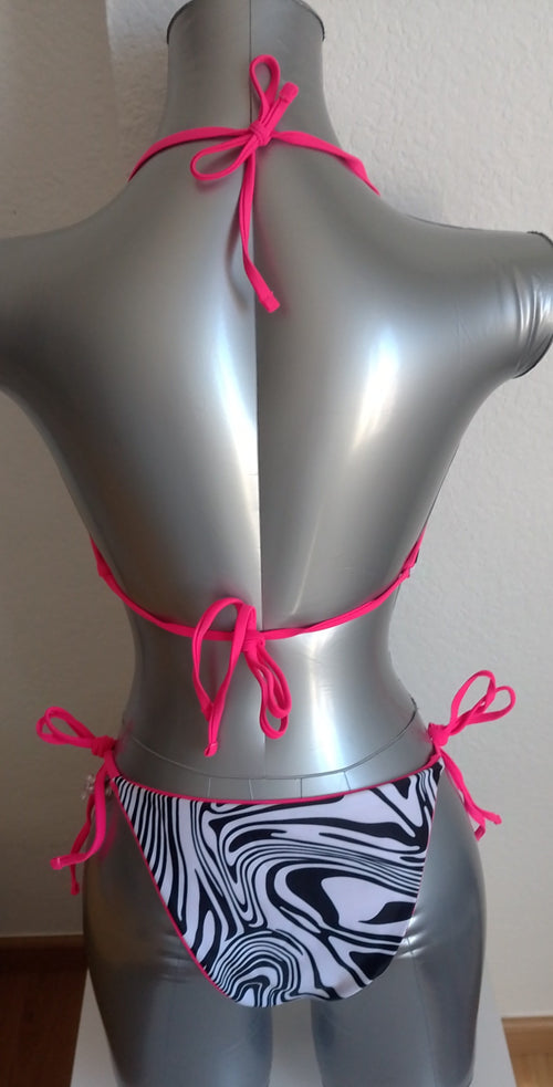 Bikini femme sexy rayé blanc noir bretelles roses taille M ESPALIC