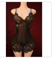 Nuisette noire dentelle florale transparente et string mi-haut femme taille XL ESPALIC