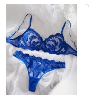 Ensemble lingerie bleue roi ou marron dentelle brodée transparente femme taille XXL et XL ESPALIC