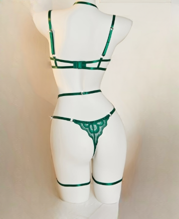 Ensemble lingerie verte 3 pièces dentelle soutien-gorge porte-jarretelles string femme taille XL ESPALIC