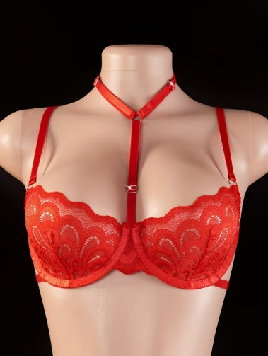 Ensemble 3 pièces rouge porte-jarretelles dentelle femme taille L et XL ESPALIC