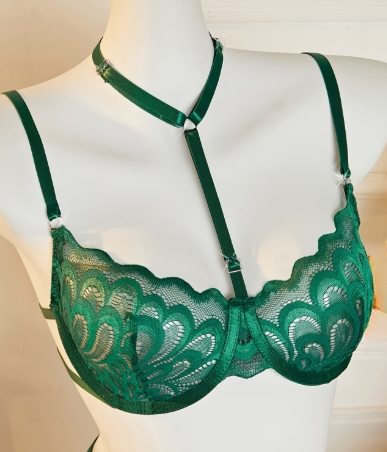 Ensemble lingerie verte 3 pièces dentelle soutien-gorge porte-jarretelles string femme taille XL ESPALIC
