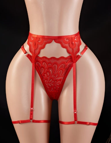 Ensemble 3 pièces rouge porte-jarretelles dentelle femme taille L et XL ESPALIC