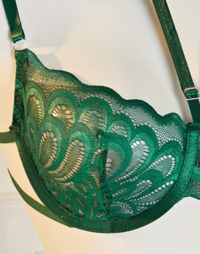 Ensemble lingerie verte 3 pièces dentelle soutien-gorge porte-jarretelles string femme taille XL ESPALIC