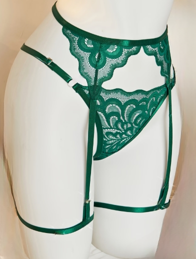 Ensemble lingerie verte 3 pièces dentelle soutien-gorge porte-jarretelles string femme taille XL ESPALIC