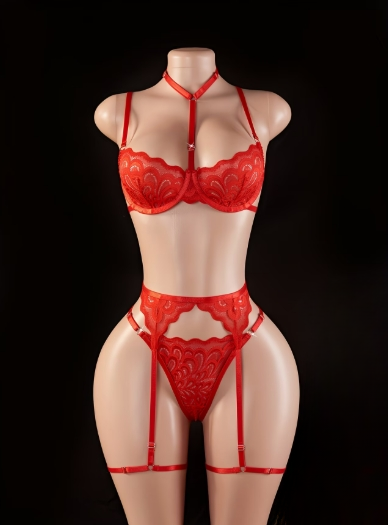 Ensemble 3 pièces rouge porte-jarretelles dentelle femme taille L et XL ESPALIC