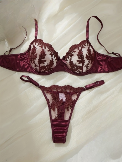 Ensemble lingerie bleue roi ou marron dentelle brodée transparente femme taille XXL et XL ESPALIC