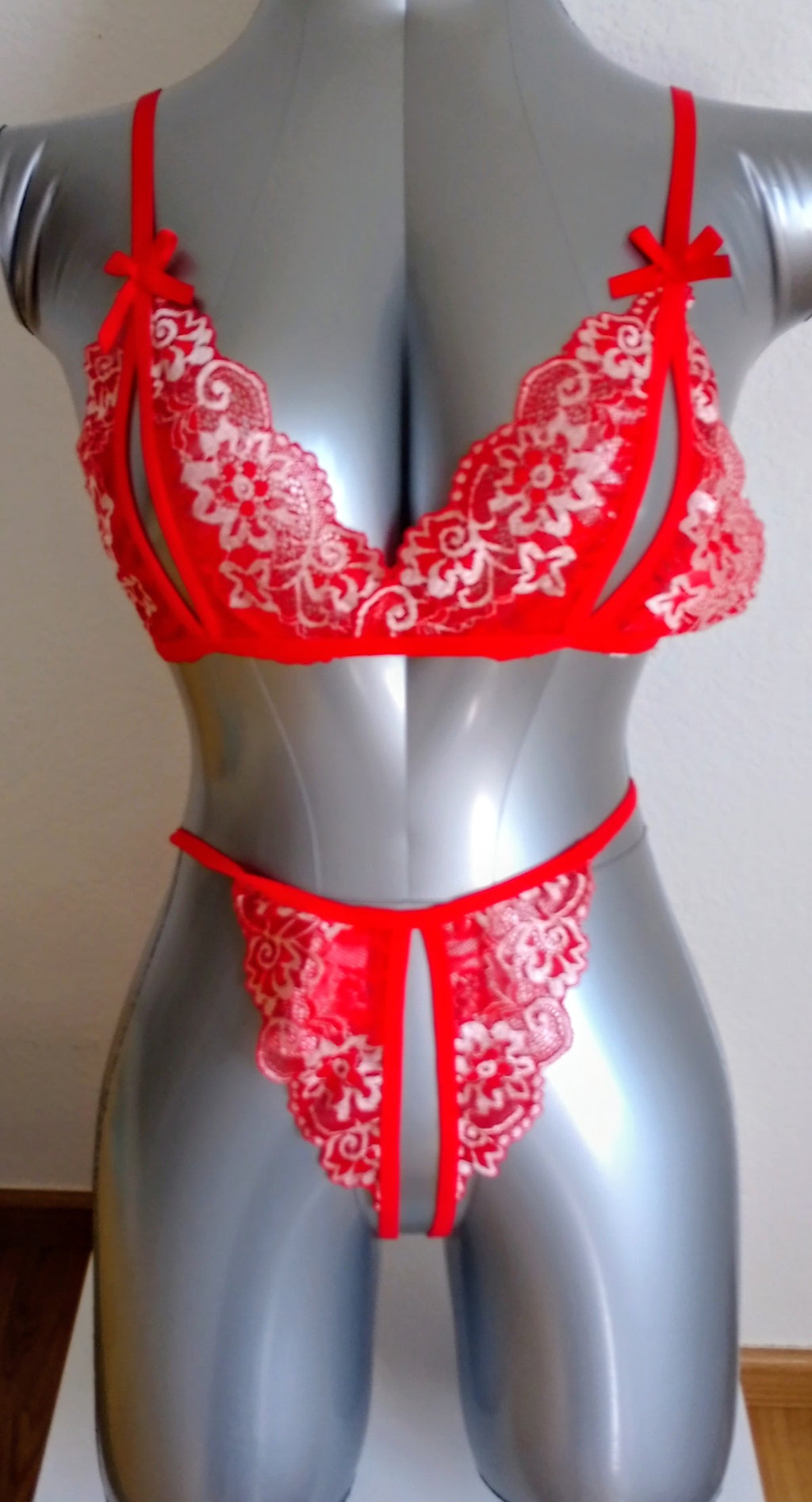 Ensemble lingerie en dentelle rouge et blanc 2 pièces - Lingerie femme sexy - ESPALIC