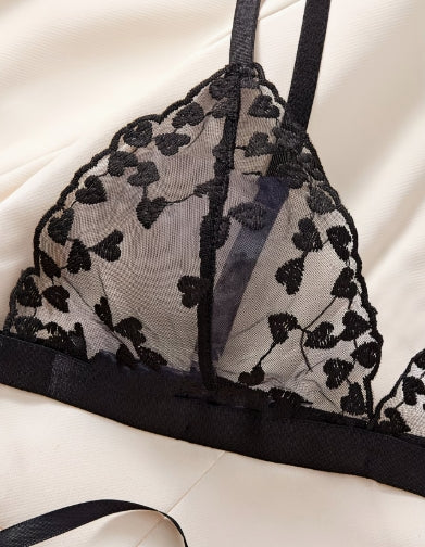 Ensemble lingerie 2 pièces brodé cœur noir taille L