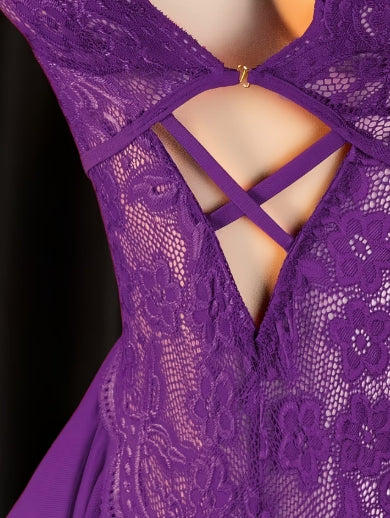 Body dentelle semi-transparent violet — Tailles L, XL, XXL